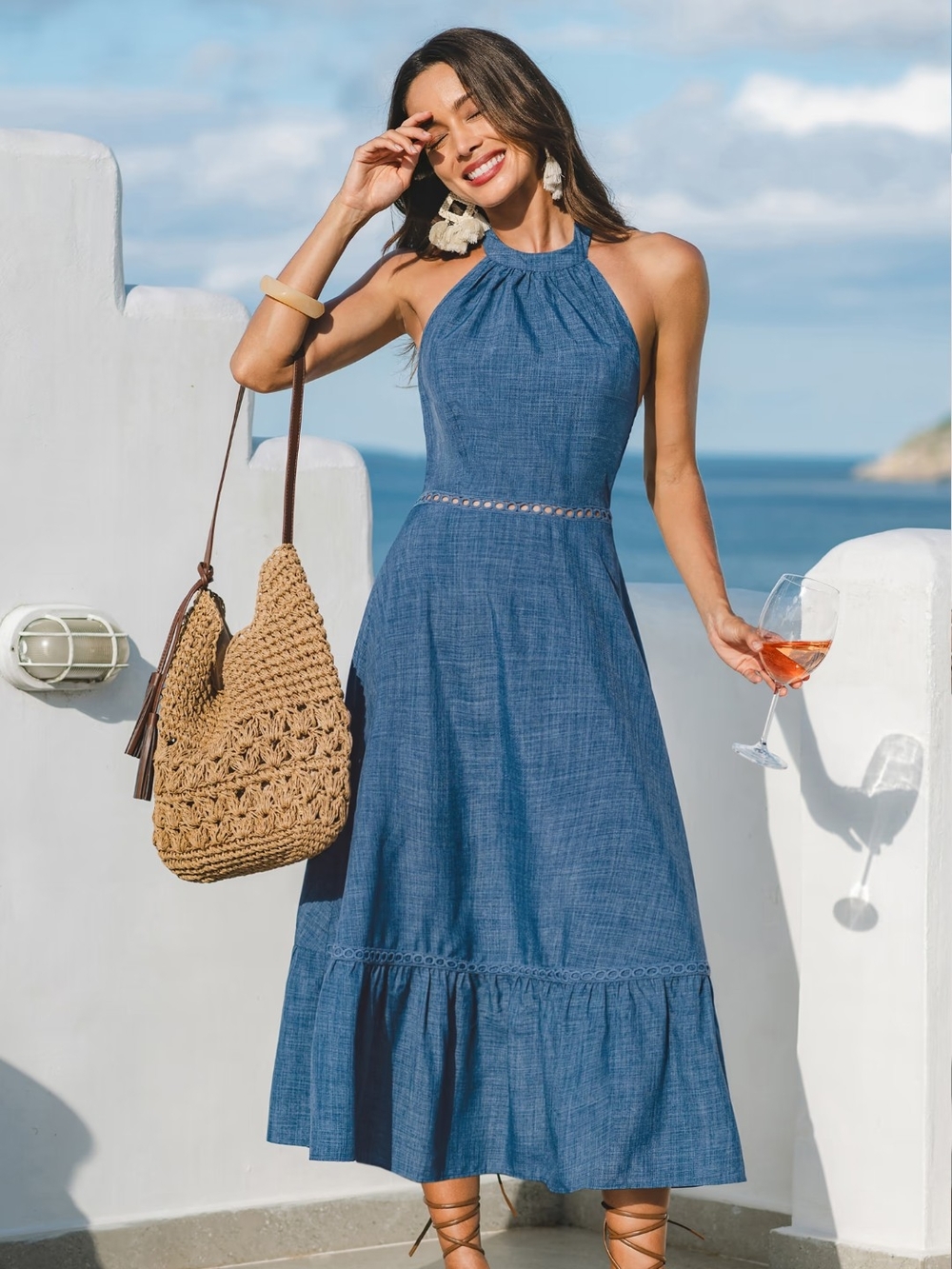 Sleeveless Chambray Halter Midi Dress in Denim Blue
